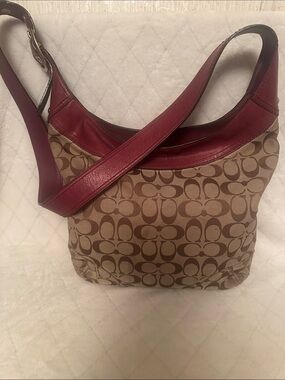 Coach Brown Signature Canvas Shoulder Bag with Burgundy Leather Trim